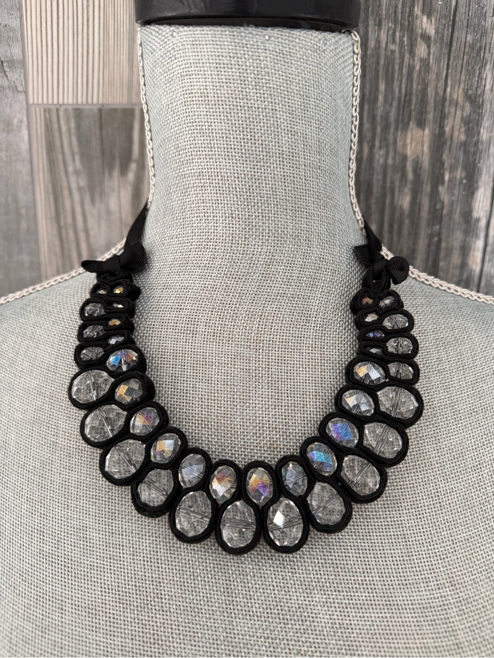 Vintage Inspired Black Velvet And Faceted Crystal Bead Ribbon Necklace